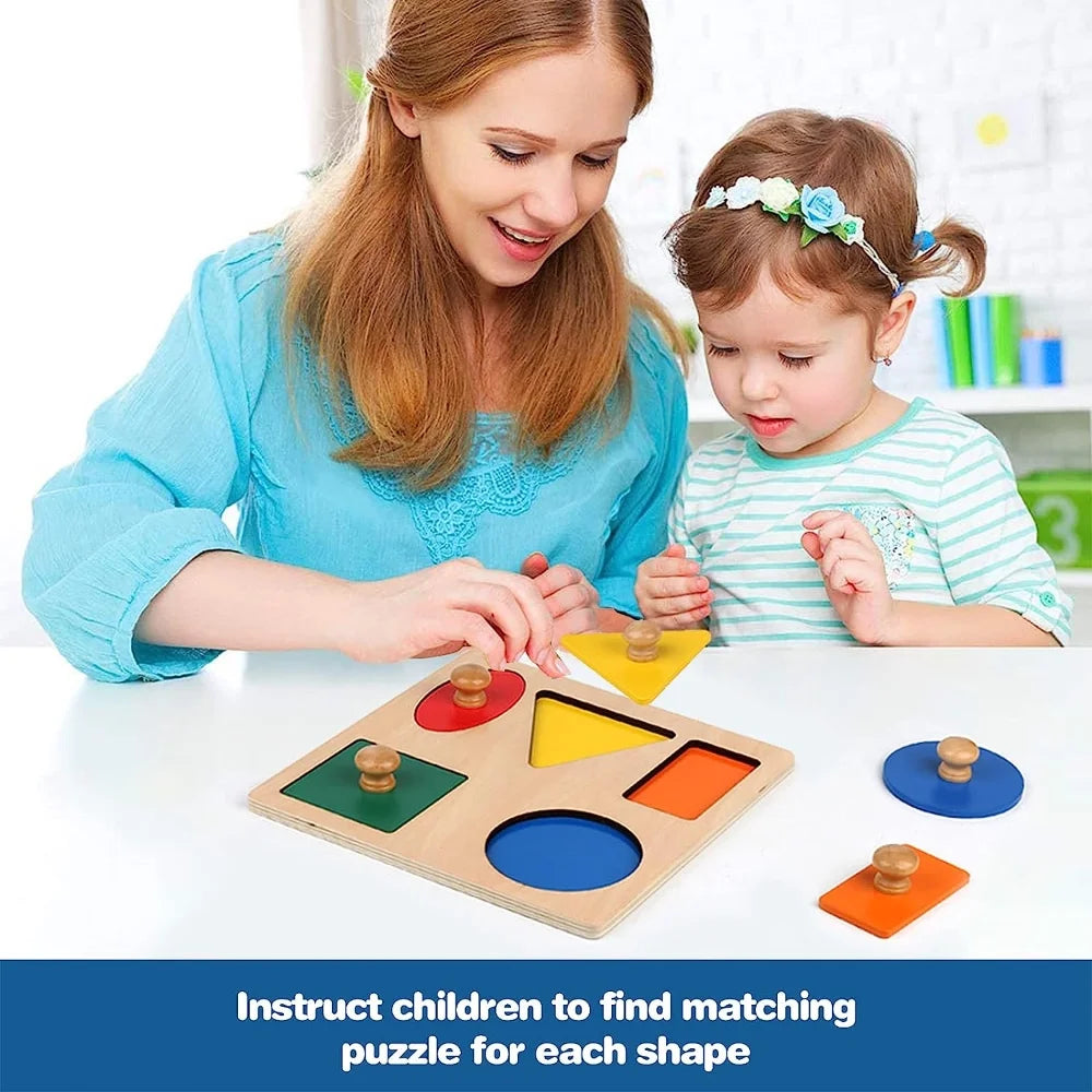 Montessori Multi Shape Wooden Puzzle Toy Baby Toddler First Jumbo Wood Peg Educational Basic (5 Geometry Shape)