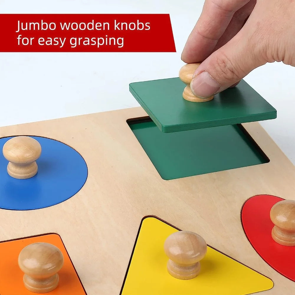 Montessori Multi Shape Wooden Puzzle Toy Baby Toddler First Jumbo Wood Peg Educational Basic (5 Geometry Shape)