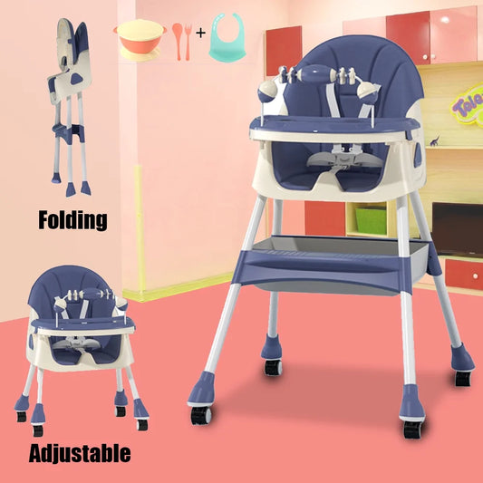 Portable High Chair with Wheels, Foldable Travel High Chair for Babies Toddlers, Blue